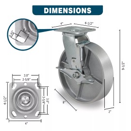 Unbranded 8"X 2" Heavy Duty Casters Semi Steel Cast Iron Wheels Capacity up to 1500-6000LB - 2 Brake 2 Rigid