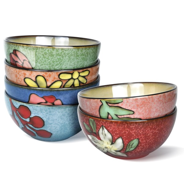Ceramic Cereal Bowls Set of 6, Floral Design 6 inch