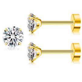 Artskin Titanium Cubuic Cubic Zirconia Stud Earrings for Women Men CZ Earring Stud Earrings Hypoallergenic Flat Back Earrings Silver Girls Earring Stud Set for Cartilage 3 mm - 5 mm, Titanium, Cubic