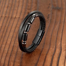 CARICY Mens Leather Braided Black Onyx Protection Healing Stone Bead Bracelet for Men Stainless Steel Clasp Cuff Bracelets Jewelry