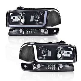 PIT66 LED DRL Headlights Assembly Compatible with 1999-2006 GMC Sierra /1999-2006 GMC Yukon, Headlamps Front Lights Accessories Smoky Lens Black Housing Clear Reflector