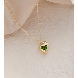 LOUHCY Birthstone Necklace for Women 14k Gold Plated Heart Necklaces Dainty Preppy Gemstone Crystal Pendant Necklace Cubic Zirconia Gold Necklace for Women Trendy, Brass, Peridot