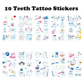 Qpout 10 Sheets Teeth Temporary Tattoos for Children Birthday Party Accessories, Teeth Theme Stickers Cartoon Decorations Gifts for Boys Girls