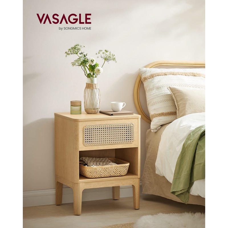 VASAGLE Rattan Nightstand, Boho Bedside Table with Drawer, Cane End