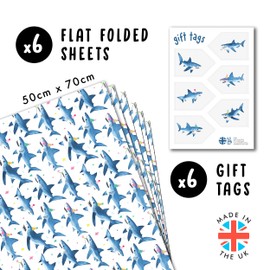 Shark Wrapping Paper - 6 Sheets Birthday Wrapping Paper - Shark Party - Ocean - White Wrapping Paper for Girls Kids Women - with Stickers - Recyclable - From Central 23