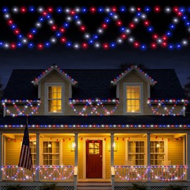 Kittmip 2 Packs 13ft 4th of July Decorations Solar Outdoor Lights Red White and Blue Solar LED String Light 26ft 276 LED 8 Modes 250th Anniversary Patriotic Memorial Day Outside Yard Decorations