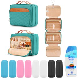 Travel Hanging Toiletry Bag for Women and Men, with 8 Leak Proofing Silicone Bottle Covers, Waterproof Makeup Accessories, Cosmetic Essentials, Toiletries Dopp Kit Set with Jewelry Organizer, Blue