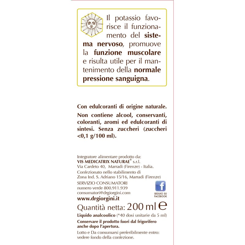 Dr Giorgini Integratore Alimentare, Potassio Olimentovis Liquido Analcoolico - 200