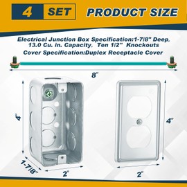 Copkim 4 Packs 4" Metal Receptacle Electrical Box with Exposed Work Cover Grounding Wire and Screw Galvanized Steel Metal Junction Box (1 Duplex)