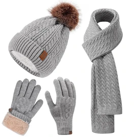 Winter Beanie Hat Scarf Gloves Set for Women, Classic Beanie with Removable Pom Pom Long Scarf Touchscreen Gloves 3 in 1 Set, Grey, One Size