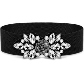 Amaxiu Elastic Rhinestone Wide Waist Belt, Stretchy Crystal Thick Belt, Vintage Floral Waistband Waist Accessories for Women Dress, black