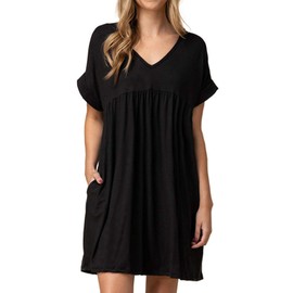 Jayscreate Women's Summer Baby Doll Dress for Women Casual V Neck Flowy Tunic Pleated Swing Short Sleeve Black Mini Dress