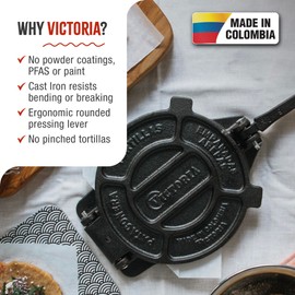 Victoria 6.5 Inch Cast Iron Tortilla Press. Tortilla Maker, Flour Tortilla press, Rotis Press, Dough Press, Pataconera Seasoned with Flaxeed Oil