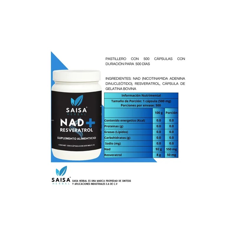 Nad 500 Cápsulas Resveratrol Suplemento Alimenticio