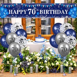 Blue 70th Birthday Decorations for Men Navy Blue Silver Happy 70th Birthday Yard Banner and Blue 70th Birthday Balloons for Indoor Outdoor Men Women 70th Birthday Party Supplies