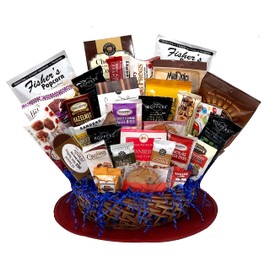 Gourmet Gift Basket for Women, Kids, Clients, Birthday, Sympathy, Holidays - with Assorted Chocolate, Cookies, Snacks, and More - Beautifully Wrapped and Presented with Double Bow (33 Piece)