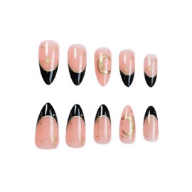 SINHOT Almond Press on Nails Medium Fake Nails Glossy Glue on Nails Gold Chrome Moon Star Acrylic Nails Stiletto Artificial Nails Black French Tip Stick on False Nails with Design 24 pcs