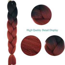 24 Inch Braids Extensions, Jumbo Braids, Synthetic Hair, 1 Bundle, Kanekalon Synthetic Crochet Hair, Braiding Hair, Afro Box Braiding (Black and Reddish Brown)