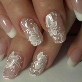 Medium Press on Nails Square Fake Nails White French Tip False Nails with Flower Design Glue on Nails Rhinestone Full Cover Stick on Nails Floral Acrylic Nails for Women Spring Manicure 24Pcs