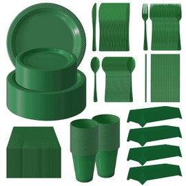 404 Pieces Disposable Plastic Dinnerware Set, Plastic Cutlery Set Includes 50 Of Each Plastic Dinner Plates|Dessert Plates|Cups|Napkins|Straws|Spoons, Forks & Knives (Green, 404PCS（50 Guests）)