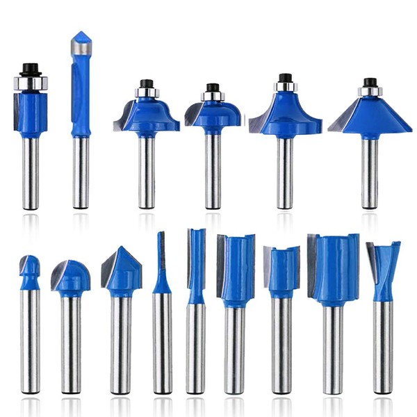 15pcs Router Bits, 1/4" Shank Tungsten Carbide Corner Edge Tool, Groove Drill Bit for Chipboard, Woodworking, Wood Milling Cutter DIY Tools Kit (Include Straight Bit, Cove Bit, Chamfer Bit)