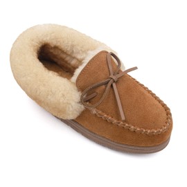 surell Women's Sheepskin and Shearling Moccasins - Warm Winter Slippers - Fuzzy Slides for Women - Tan Natural Slippers with Leather Tie (Women's US 7)
