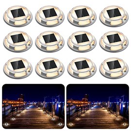 Solar Driveway Deck Lights, FabStyl 12 Pack 2 Colors in 1 Solar Dock Lights Waterproof Marine Marker Lights for Outdoor, Stair, Lawn, Pathway, Deck, Sidewalk, Yard, Step (Warm & Cool White)