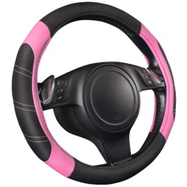 CAR PASS Line Rider Microfiber Leather Sporty 14.5-15 inch Steering Wheel Cover Universal Fits for 95% Truck,SUV,Cars, Anti-Slip Safety Comfortable Design (Black Pink)
