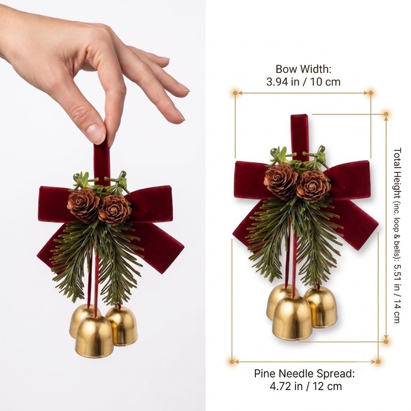 4 Pack Christmas Bow Ornaments with Jingle Bells, Pine Cone