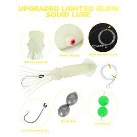 BLUEWING Upgraded Lighted Glow Squid Lure 12in Soft Fishing Trolling Squid Lure Water Activate LED Flashing Lights Lure with SS Trolling Hook 300lb Mono Line Deep Drop Light Up to 150h Luminous-White