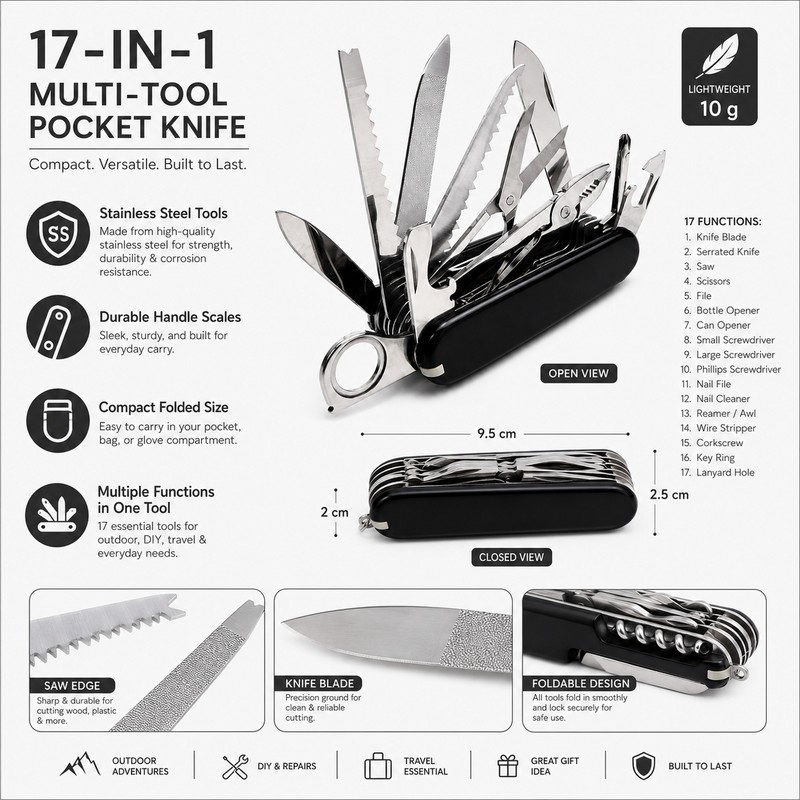 17-in-1 Multi-Tool Pocket Knife for Outdoor Use – Compact Folding
