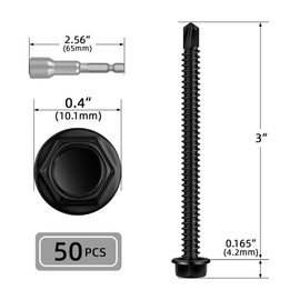 50 PCS #10 x 3 Sheet Metal Screws, Black Hex Washer Head Self Drilling Screw, Flanged Hex Self Tapping Screws, 410 Stainless Steel, Hex Bit Socket Included