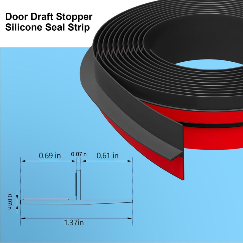 T-Shaped Door Draft Stopper, 1.37 in x 20 Ft Silicone
