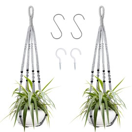 Augshy 2 Packs Macrame Hanging Planter, Indoor Hanging Planter Basket with Wood Beads Decorative Macrame Pot Hanger for Home Decor (Grey)