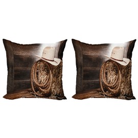 Ambesonne Western Throw Pillow Cushion Cover Pack of 2, American West Rodeo Hat Traditional Ranching Robe on Wooden Ground Folk Art Photo, Zippered Double-Side Digital Print Decor, 18", Beige Brown
