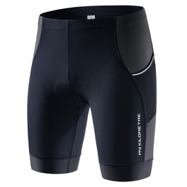 MY KILOMETRE Men's 9" Triathlon Shorts with Adjustable Drawstring, Easy Reach Leg Pockets, Chamois for Long Distance Tri Race, Pure black