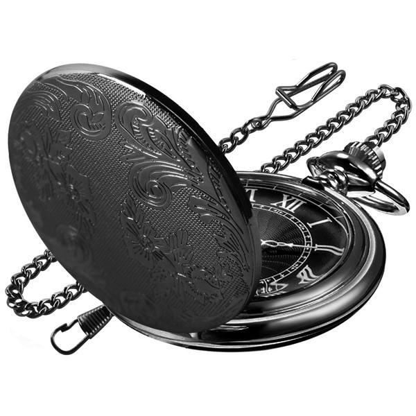 Realpoo Quartz Movement Black Floral Design Pocket Watch for Men