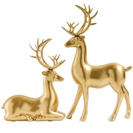 Beavorty Gold Christmas Reindeer Figurines 2pcs Resin Couple Deer Sculptures Mini Xmas Deer Statue Animal Table Centerpiece for Home Living Room Office Decor
