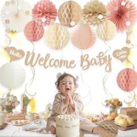 Boho Baby Shower Decorations for Girl, Pre-Strung Welcome Baby Banner with Honeycomb Balls, Paper Flowers, Lanterns, Fans, Hanging Swirls, Circle Dots Garland for Girl Baby Shower Decorations 24pcs