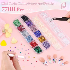 7700Pcs Flatback Pearls and Small Resin Rhinestones for Nail Art, Tiny Colorful Rhinestone Flatback Bedazzling Gems, Nail Rhinestones and Gems Crystals Charms White Beige Pearls for Manicure Decor