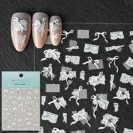CESTSIREN White Lace Bow Nail Art Stickers, Bride Wedding Nail Decals, Self-Adhesive, Nail Accessories & Supplies, Durable & Long-Lasting
