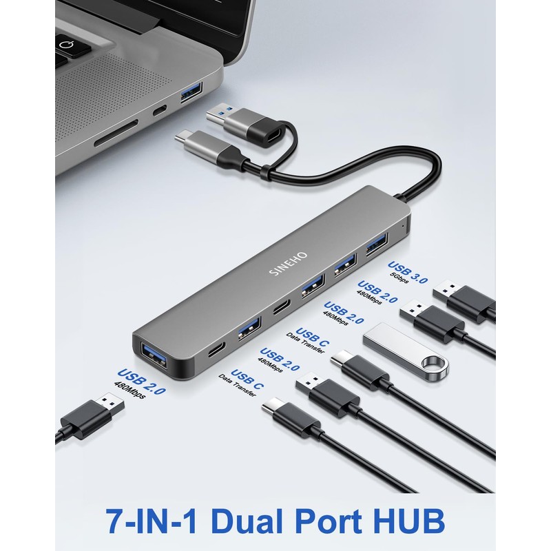 SINEHO 7-in-1 Dual USB Hub (USB-C & USB-A Input), USB
