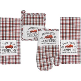Black Duck Brand Fall Harvest Thanksgiving Oven Mitt, Pot Holder and Kithen Towels Set, Farmhouse Farm Fresh Pumpkins Truck Decoration Flour Sack Dish Towel (Mitt, Pot Holder & Towels Set)