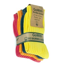 GoWith 4 Pairs Unisex Natural 97% Cotton Crew Socks, Comfy Cozy Breathable Seamless Casual Socks for Men & Women, Multicolor-2, X-Small, Model 3014