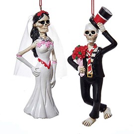 Kurt Adler Day of The Dead Skull Bride and Groom Christmas Holiday Ornaments Set of 2