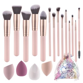 YJ-Anyue Makeup Brushes 14pcs Pink wooden Makeup Brushes Set 4 Bags Makeup sponge Premium Synthetic Foundation Brushes Blending Face Powder Eye Shadow Concealer Make Up Brushes Tool……