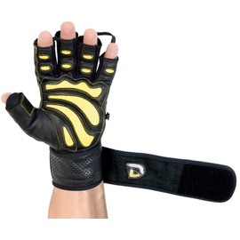 Elite Leather Gym Gloves with Built in 2" Wide Wrist Wraps Best Leather Glove Design for Weight Power Lifting Bodybuilding & Strength Training Workout Exercises (Yellow, Medium)