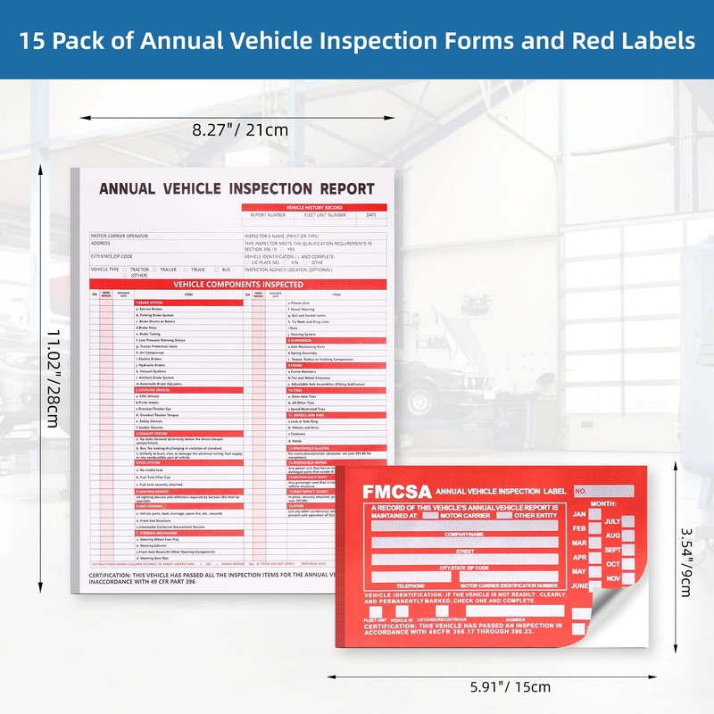 15-Pack Annual Vehicle Inspection Report Form, 3-Ply Carbonless Form and