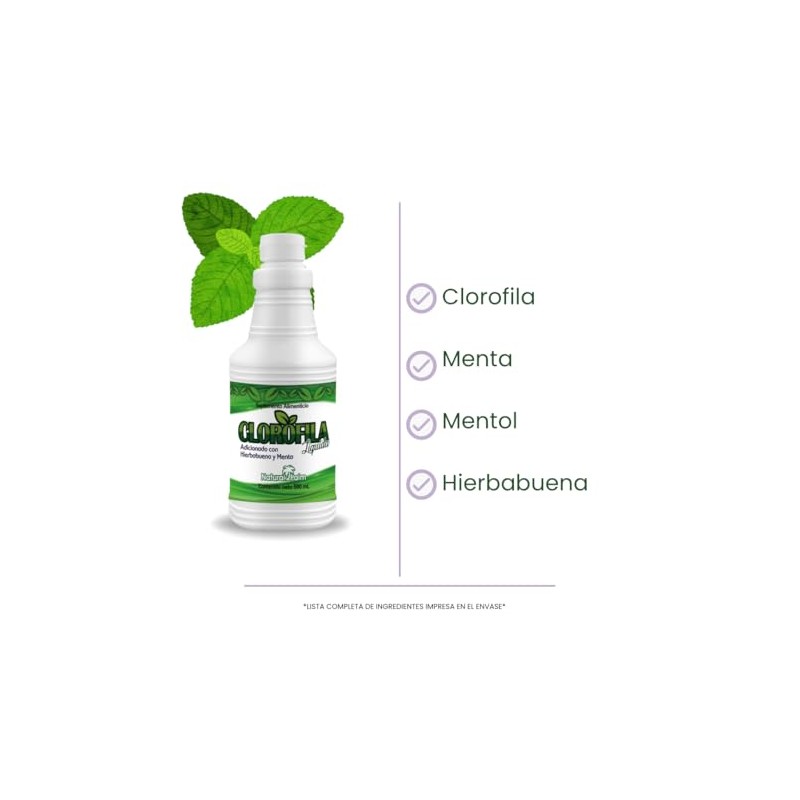 Extracto de clorofila líquida 500ml sabor menta y hierbabuena, suplemento