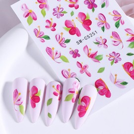 4 Sheets Colorful Flower Nail Stickers for Nail Art - WLGDLH Spring Summer Nail Art Stickers 3D Self-Adhesive Floral Leave Cranes Nail Decals Manicure Supplies for Women DIY Decoration
